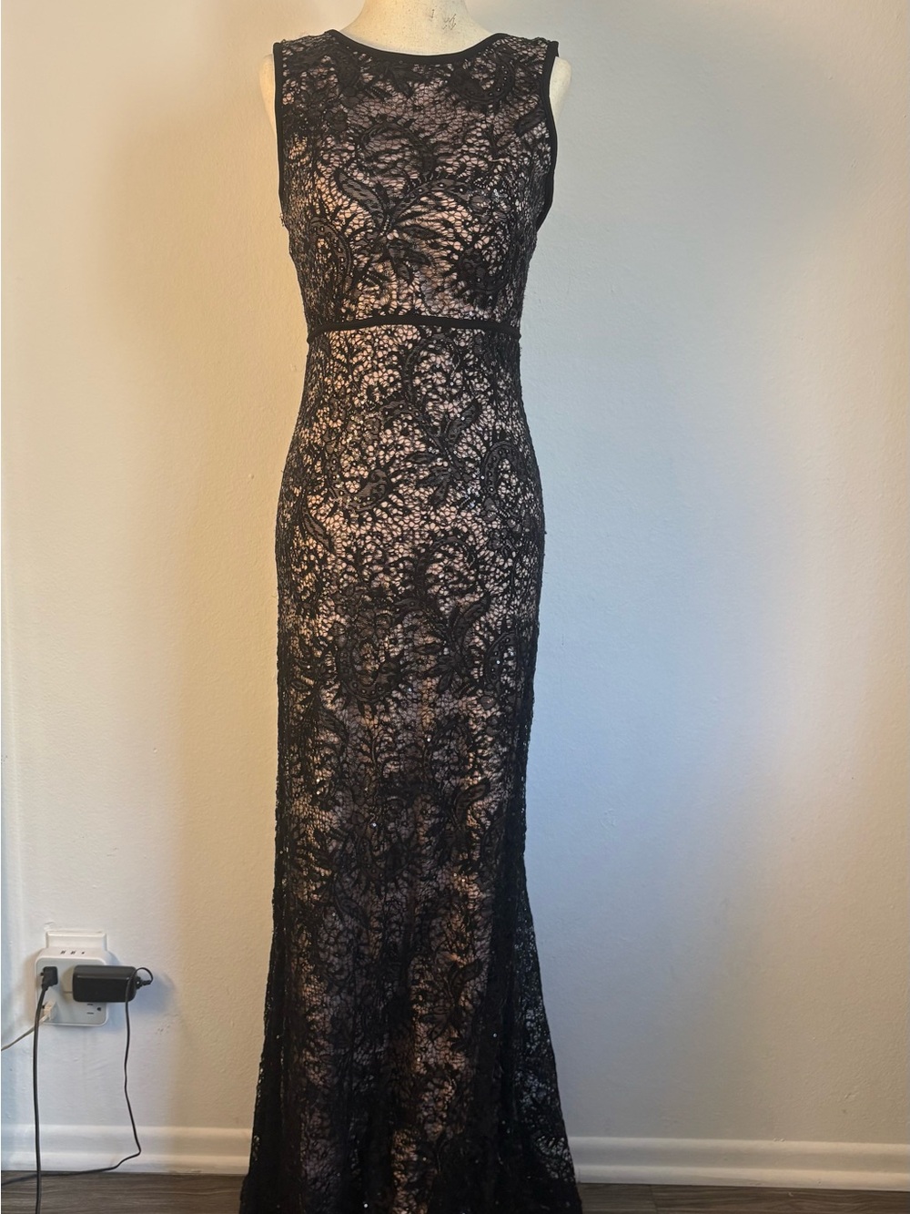 Floor length black lace and sequin gown